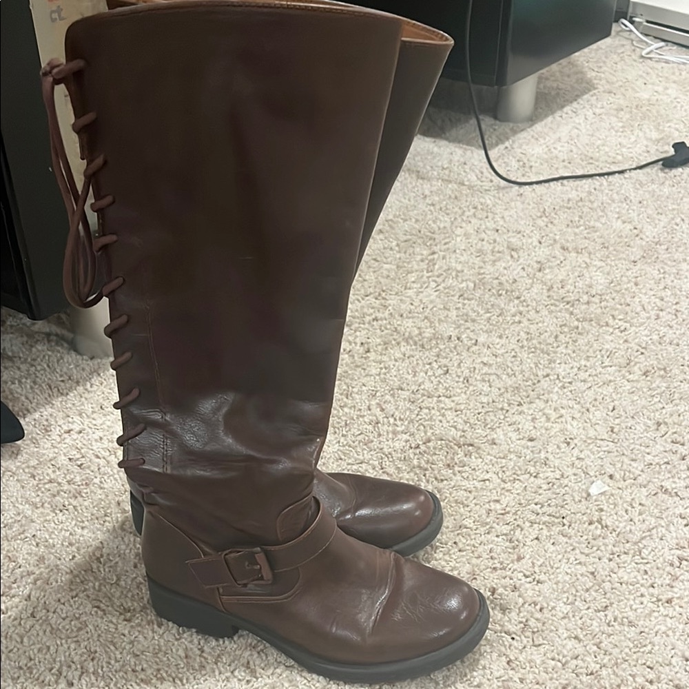 Brown knee high Boots with Buckle and Lacing
